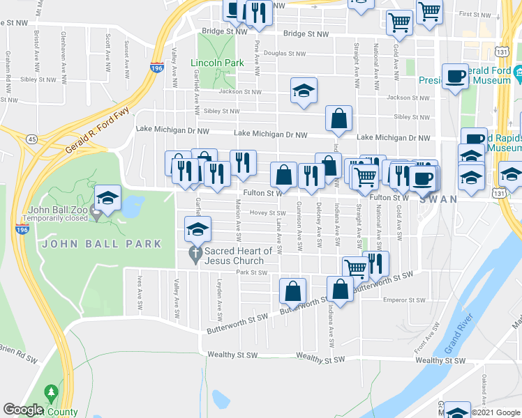 map of restaurants, bars, coffee shops, grocery stores, and more near 1027 Hovey Street Southwest in Grand Rapids