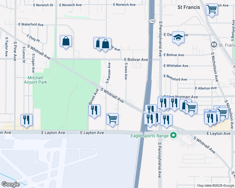 map of restaurants, bars, coffee shops, grocery stores, and more near 4471 South Iowa Avenue in Saint Francis