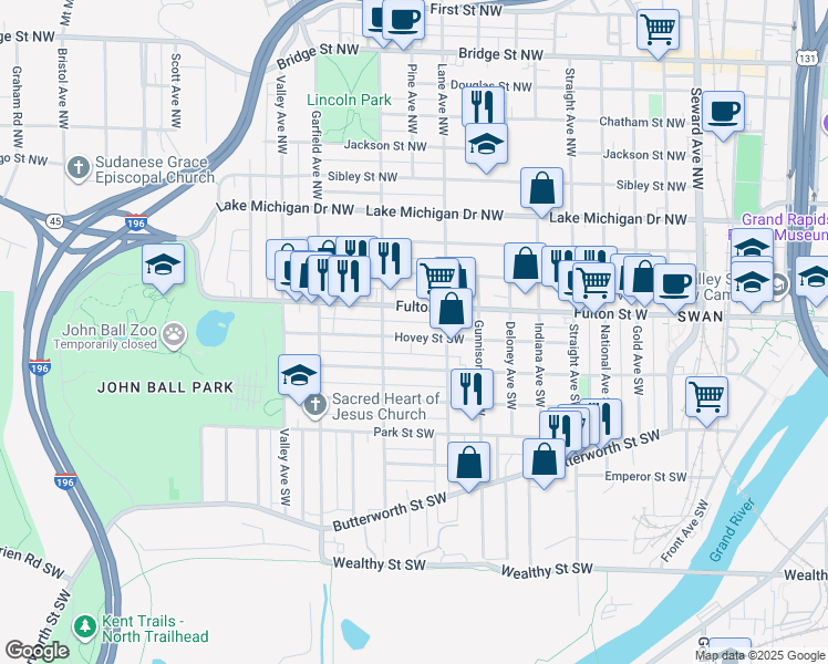 map of restaurants, bars, coffee shops, grocery stores, and more near 1029 Hovey Street Southwest in Grand Rapids