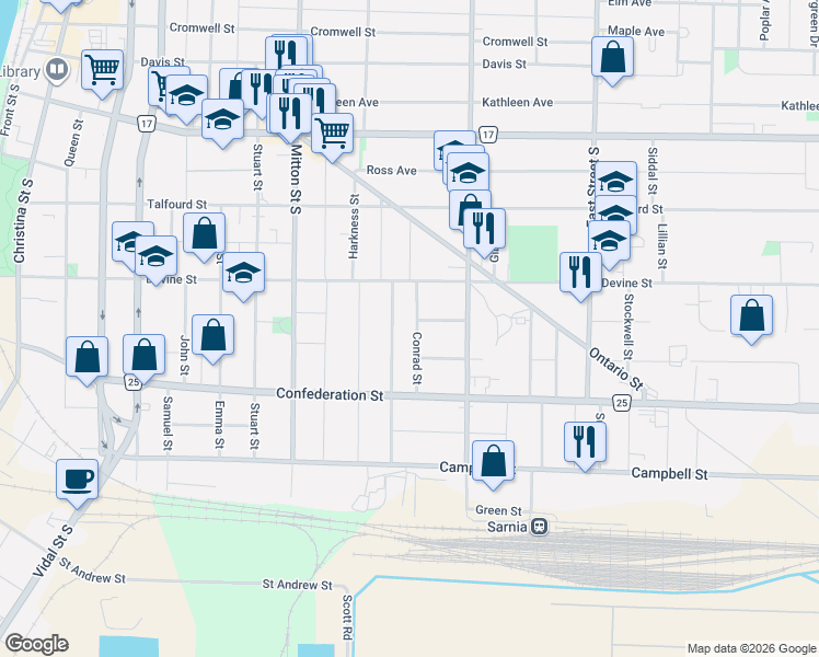 map of restaurants, bars, coffee shops, grocery stores, and more near 303 Conrad Street in Sarnia