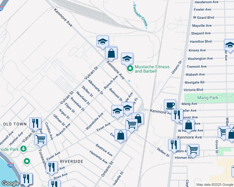 map of restaurants, bars, coffee shops, grocery stores, and more near 41 Belmont Street in Buffalo