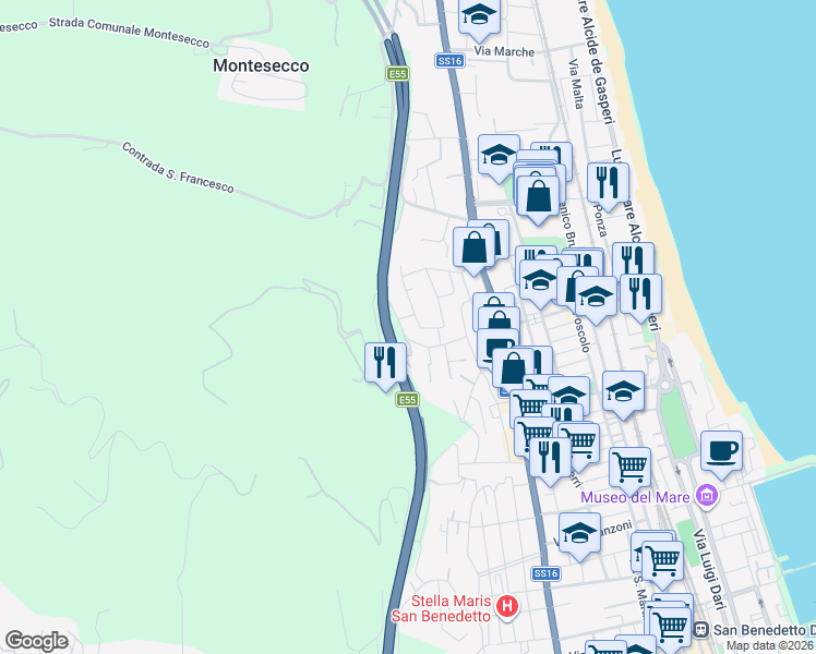map of restaurants, bars, coffee shops, grocery stores, and more near 126 Via Firenze in Grottammare