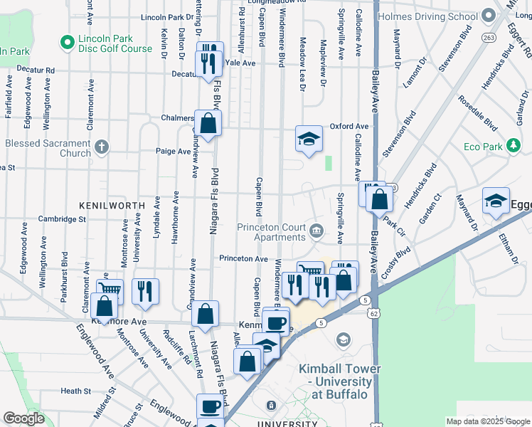 map of restaurants, bars, coffee shops, grocery stores, and more near 243 Capen Blvd in Buffalo