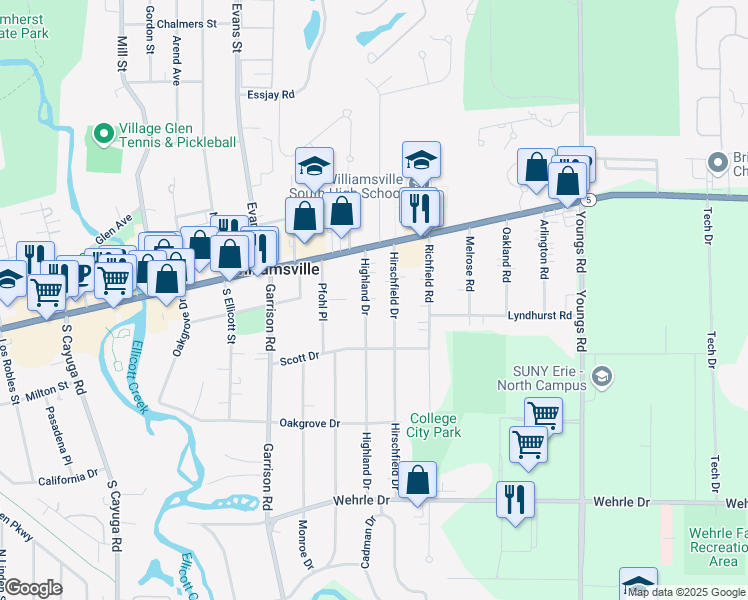 map of restaurants, bars, coffee shops, grocery stores, and more near 56 Highland Drive in Buffalo