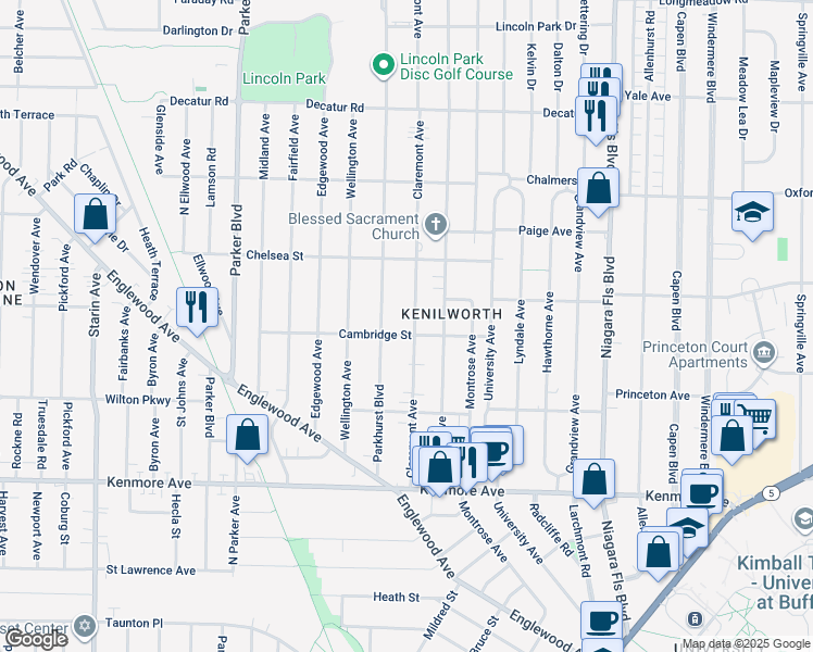 map of restaurants, bars, coffee shops, grocery stores, and more near 170 Claremont Avenue in Buffalo