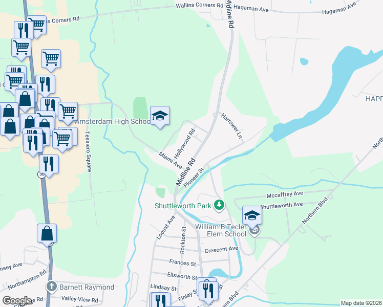 map of restaurants, bars, coffee shops, grocery stores, and more near 1438 Midline Rd in Amsterdam