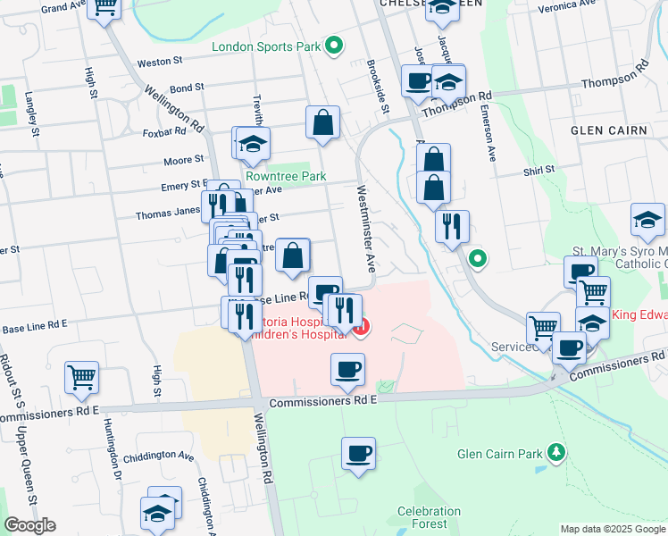 map of restaurants, bars, coffee shops, grocery stores, and more near 341 Fairview Avenue in London