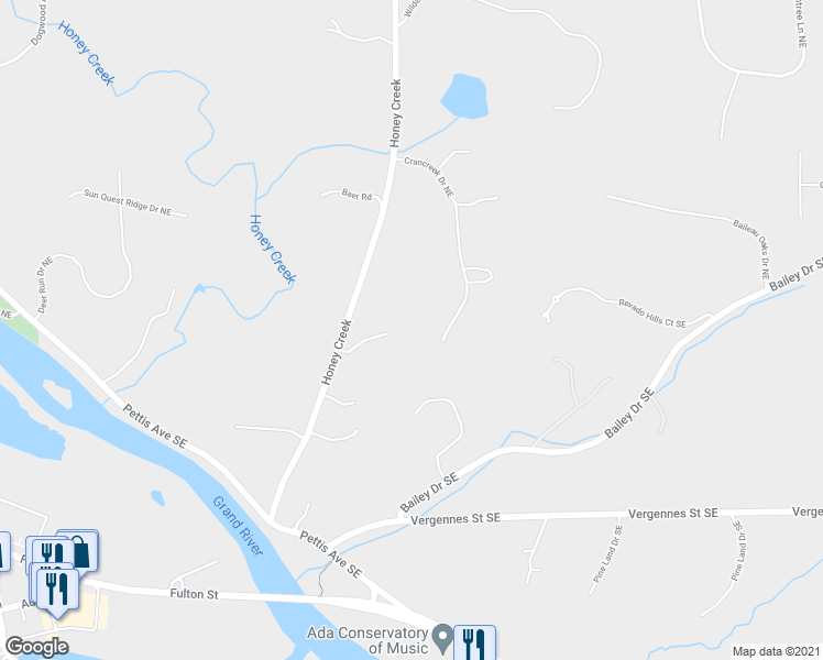 map of restaurants, bars, coffee shops, grocery stores, and more near 8150 Crancreek Drive Northeast in Ada