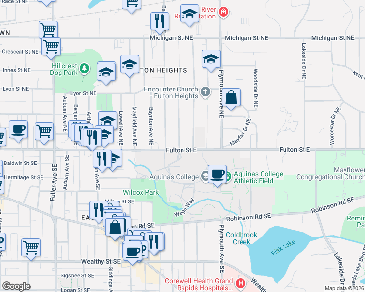map of restaurants, bars, coffee shops, grocery stores, and more near 9 Wallinwood Avenue Northeast in Grand Rapids
