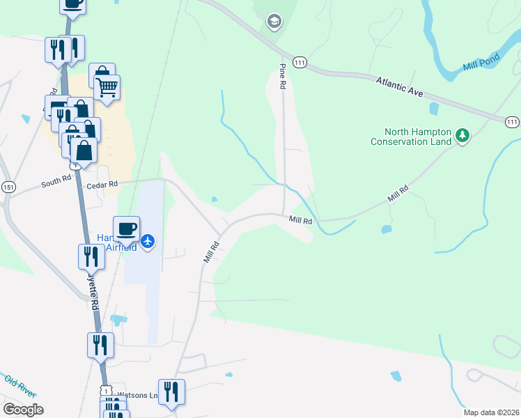 map of restaurants, bars, coffee shops, grocery stores, and more near 36 Mill Road in North Hampton