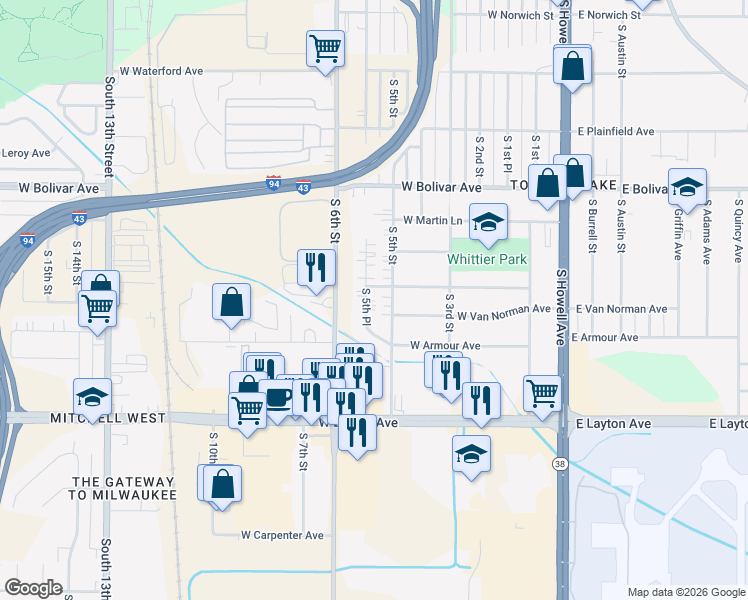 map of restaurants, bars, coffee shops, grocery stores, and more near 4470 South 5th Place in Milwaukee