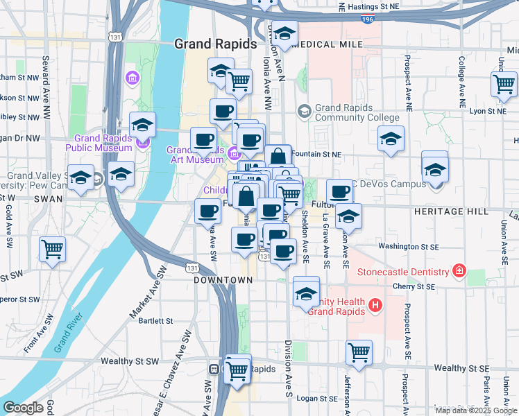 map of restaurants, bars, coffee shops, grocery stores, and more near 38 Fulton Street West in Grand Rapids