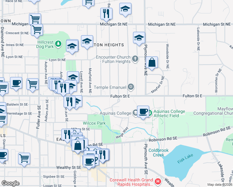 map of restaurants, bars, coffee shops, grocery stores, and more near 9 Wallinwood Avenue Northeast in Grand Rapids
