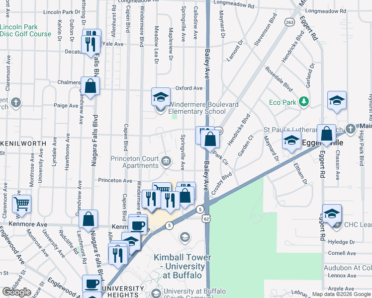 map of restaurants, bars, coffee shops, grocery stores, and more near 151 Springville Avenue in Buffalo