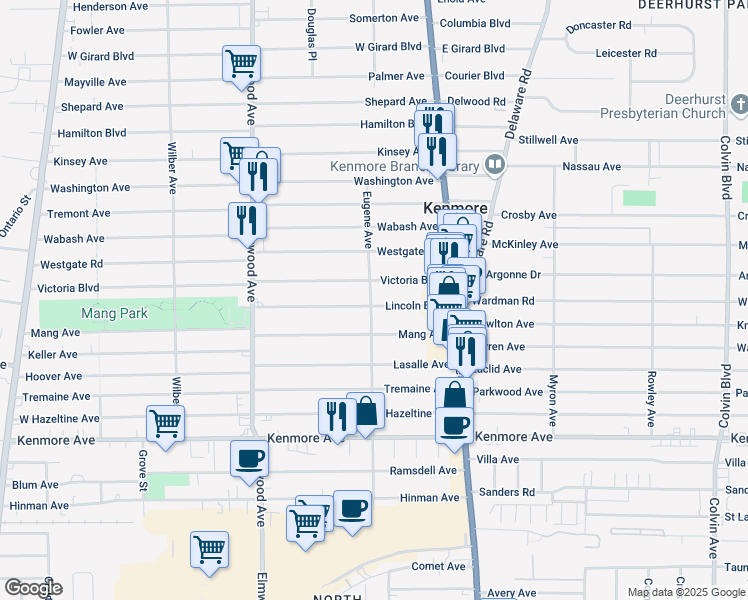map of restaurants, bars, coffee shops, grocery stores, and more near 75 Lincoln Boulevard in Buffalo