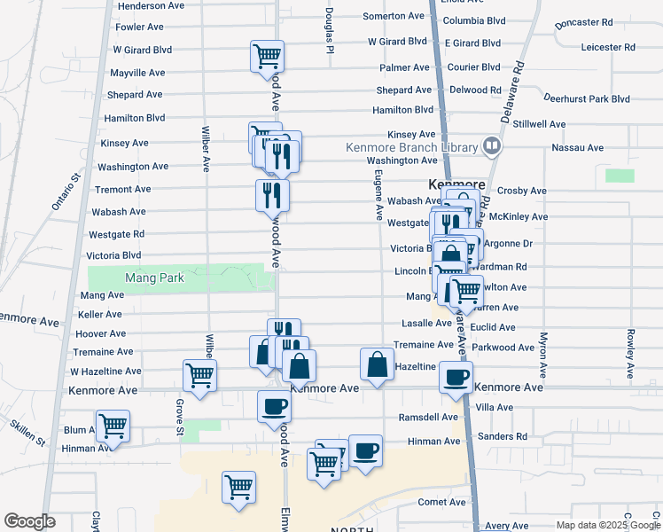 map of restaurants, bars, coffee shops, grocery stores, and more near 155 Lincoln Boulevard in Buffalo