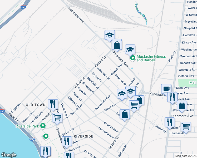 map of restaurants, bars, coffee shops, grocery stores, and more near 418 Skillen Street in Buffalo