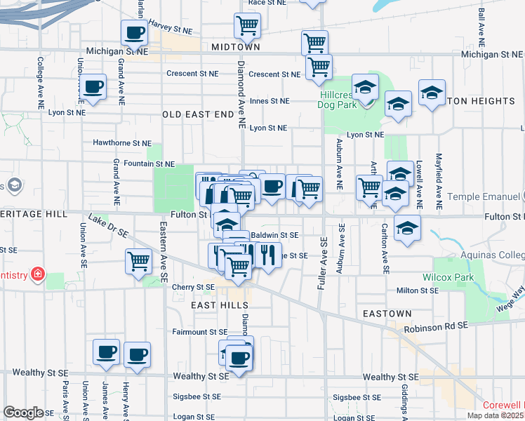 map of restaurants, bars, coffee shops, grocery stores, and more near 1011 Fulton Street East in Grand Rapids