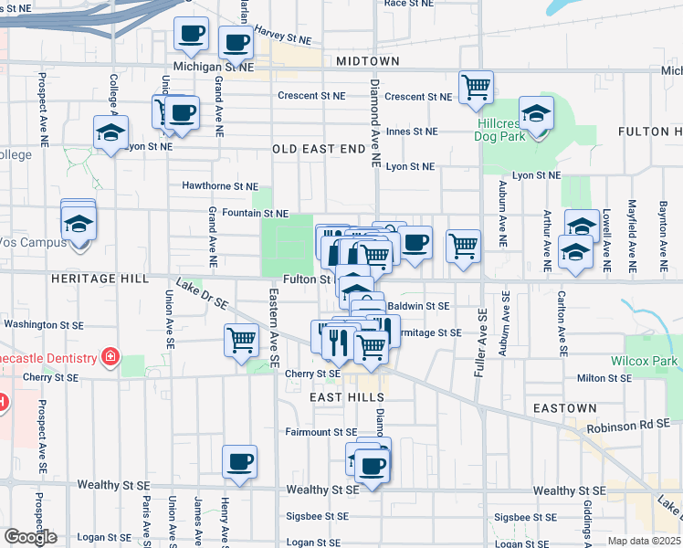 map of restaurants, bars, coffee shops, grocery stores, and more near 905 Fulton Street East in Grand Rapids