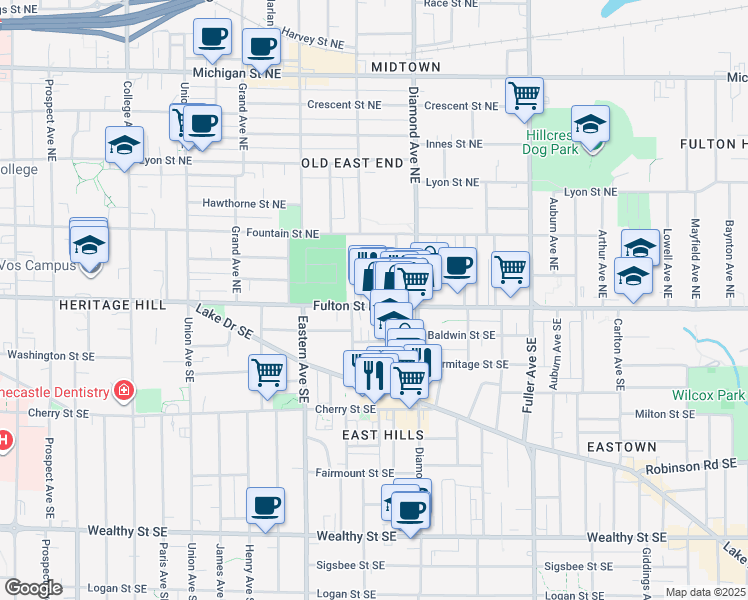 map of restaurants, bars, coffee shops, grocery stores, and more near 905 Fulton Street East in Grand Rapids