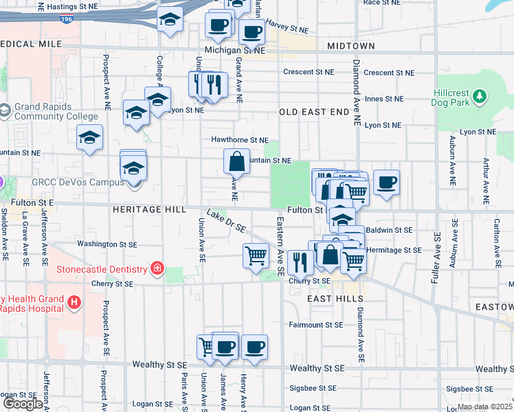 map of restaurants, bars, coffee shops, grocery stores, and more near 719 Fulton Street East in Grand Rapids