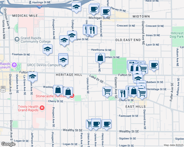 map of restaurants, bars, coffee shops, grocery stores, and more near 635 Fulton Street East in Grand Rapids