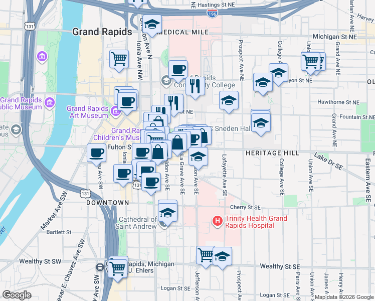 map of restaurants, bars, coffee shops, grocery stores, and more near 138 Fulton Street East in Grand Rapids