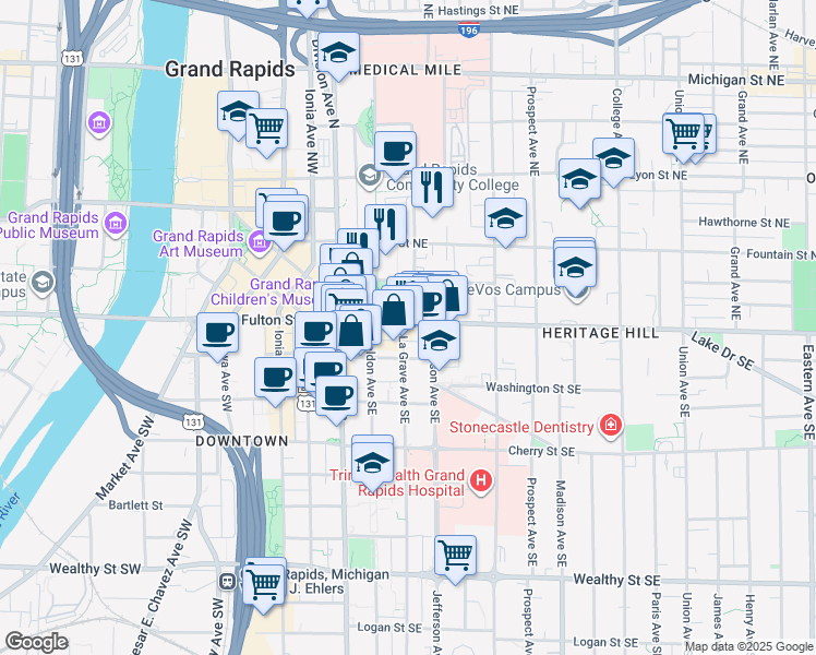 map of restaurants, bars, coffee shops, grocery stores, and more near 138 Fulton Street East in Grand Rapids