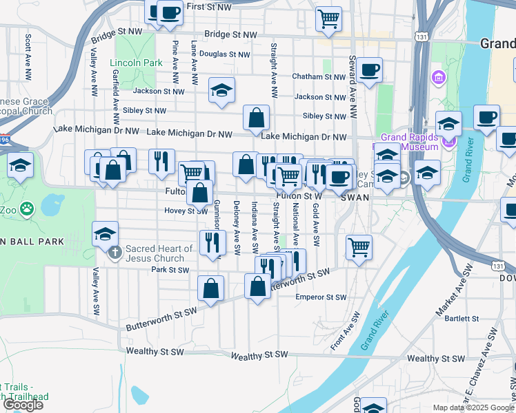 map of restaurants, bars, coffee shops, grocery stores, and more near 15 Indiana Avenue Southwest in Grand Rapids