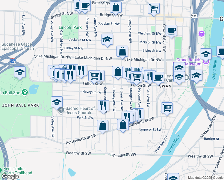 map of restaurants, bars, coffee shops, grocery stores, and more near 913 Hovey Street Southwest in Grand Rapids