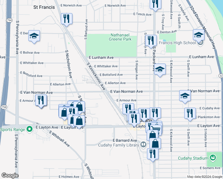 map of restaurants, bars, coffee shops, grocery stores, and more near 3372 East Van Norman Avenue in Cudahy
