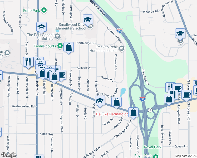 map of restaurants, bars, coffee shops, grocery stores, and more near 99 Smallwood Drive in Buffalo