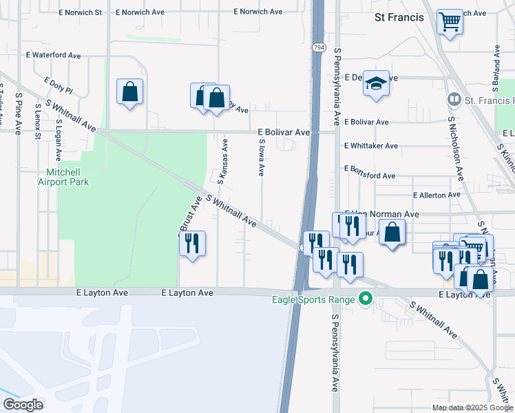 map of restaurants, bars, coffee shops, grocery stores, and more near 4471 South Iowa Avenue in Saint Francis