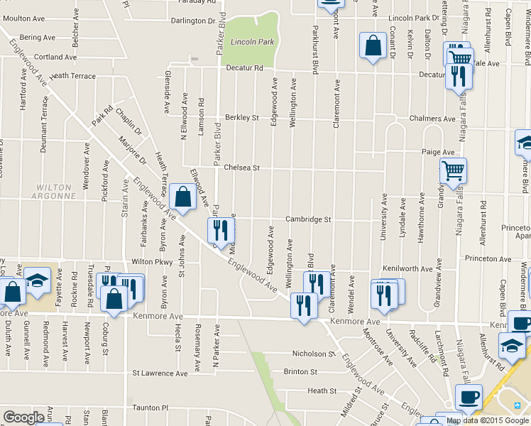 map of restaurants, bars, coffee shops, grocery stores, and more near 114 Edgewood Avenue in Buffalo