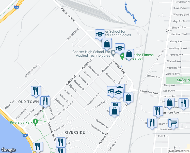 map of restaurants, bars, coffee shops, grocery stores, and more near 326 Roesch Avenue in Buffalo