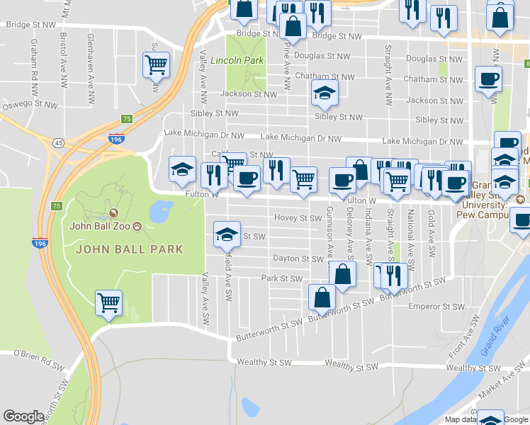 map of restaurants, bars, coffee shops, grocery stores, and more near 1101 Hovey Street Southwest in Grand Rapids