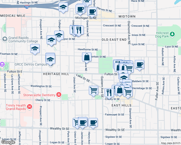 map of restaurants, bars, coffee shops, grocery stores, and more near 719 Fulton Street East in Grand Rapids