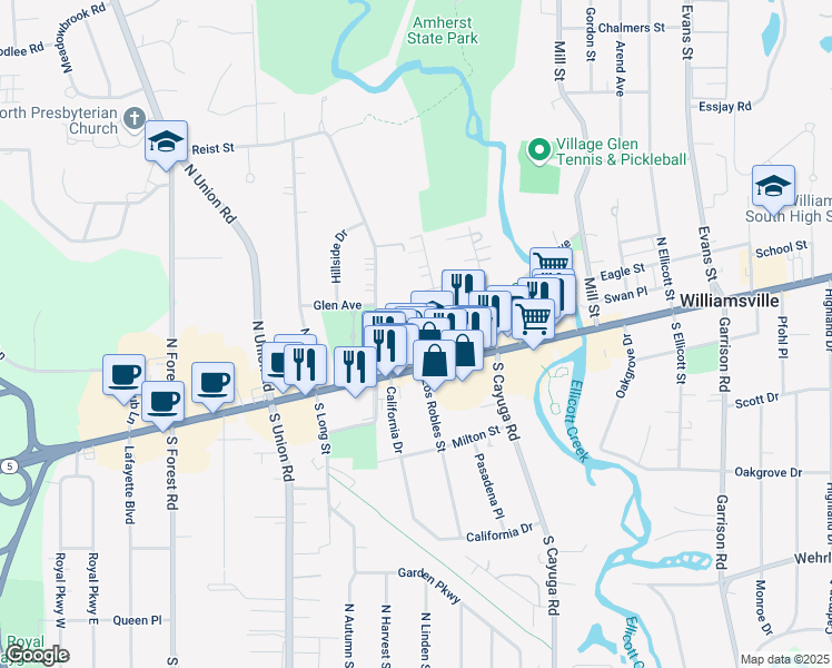 map of restaurants, bars, coffee shops, grocery stores, and more near 42 West Spring Street in Buffalo