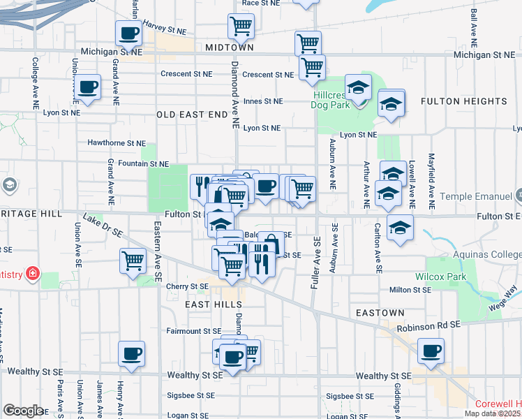 map of restaurants, bars, coffee shops, grocery stores, and more near 1035 Fulton Street East in Grand Rapids