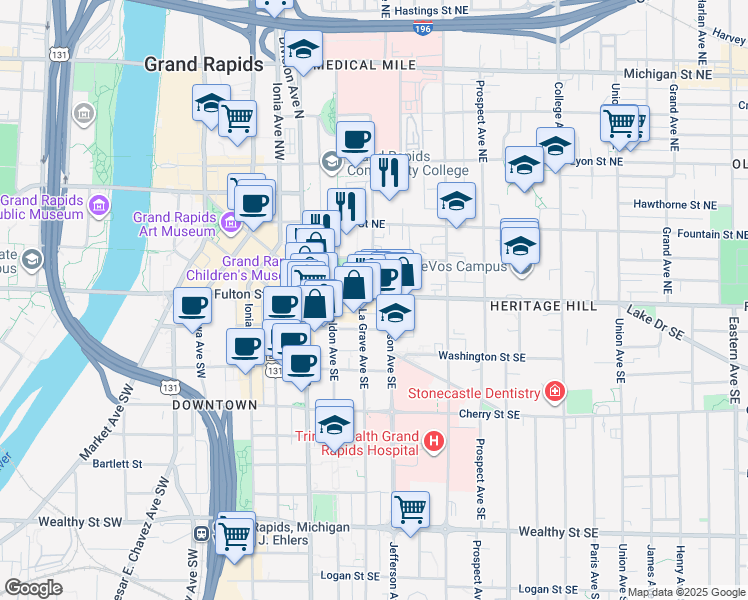map of restaurants, bars, coffee shops, grocery stores, and more near 138 Fulton Street East in Grand Rapids