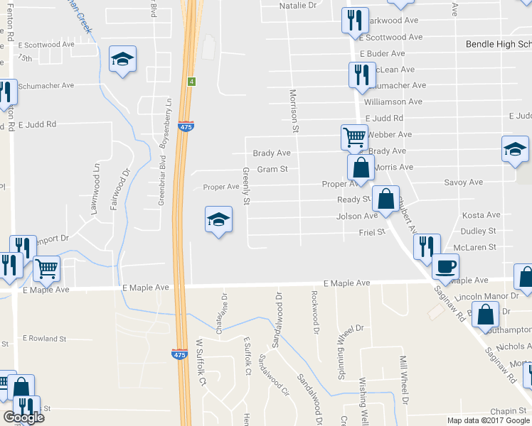 map of restaurants, bars, coffee shops, grocery stores, and more near 1387 Jolson Avenue in Burton