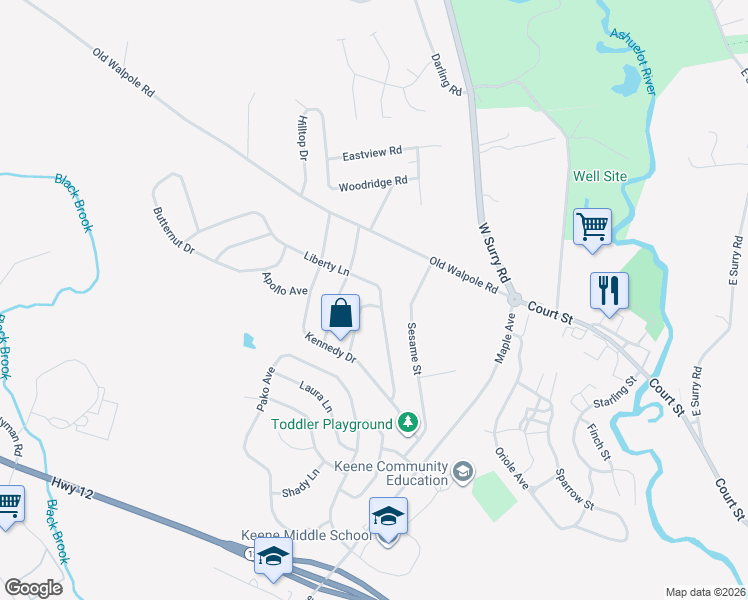 map of restaurants, bars, coffee shops, grocery stores, and more near 30 Gemini Drive in Keene