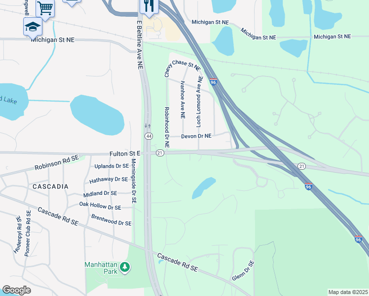 map of restaurants, bars, coffee shops, grocery stores, and more near 3355 Fulton Street East in Grand Rapids