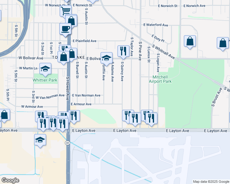 map of restaurants, bars, coffee shops, grocery stores, and more near 4468 South Adams Avenue in Milwaukee