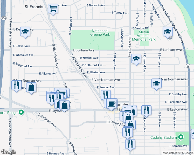 map of restaurants, bars, coffee shops, grocery stores, and more near 3372 East Van Norman Avenue in Cudahy