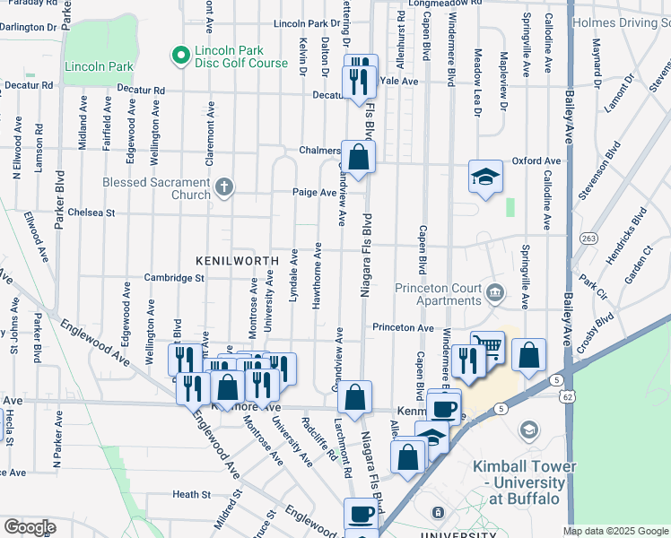 map of restaurants, bars, coffee shops, grocery stores, and more near 166 Grandview Avenue in Buffalo