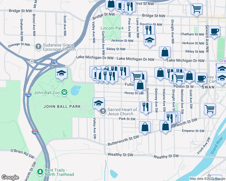 map of restaurants, bars, coffee shops, grocery stores, and more near 1127 Hovey Street Southwest in Grand Rapids