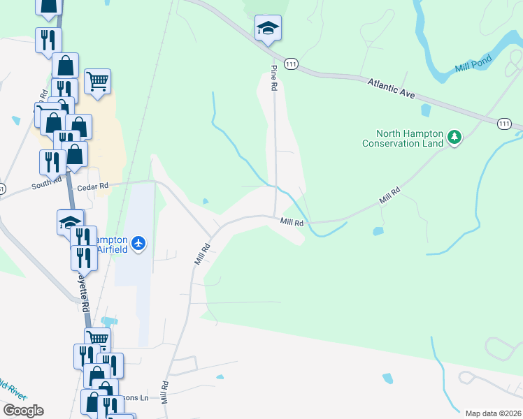 map of restaurants, bars, coffee shops, grocery stores, and more near 40 Mill Road in North Hampton