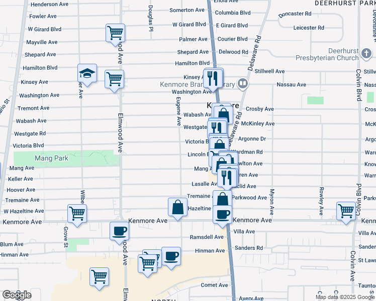 map of restaurants, bars, coffee shops, grocery stores, and more near 75 Lincoln Boulevard in Buffalo