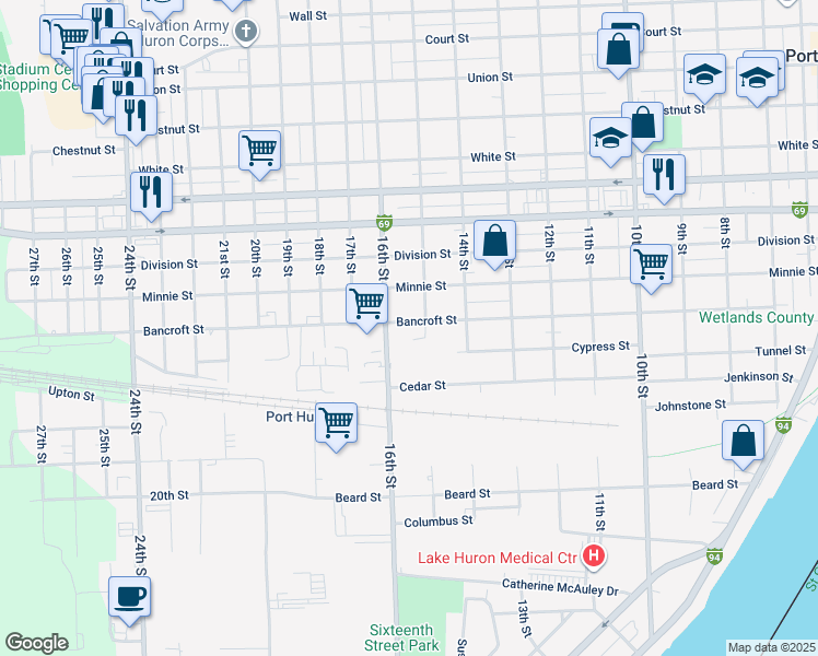 map of restaurants, bars, coffee shops, grocery stores, and more near 1516 Bancroft Street in Port Huron
